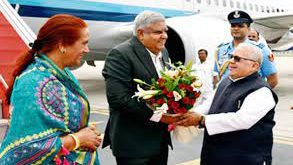 The Governor receives the Vice President at Sanganer Airport